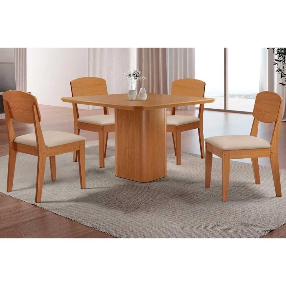 Sala de Jantar Completa Maldivas c/ Tampo Madeirado Canto Curvo 90x90cm e 4 Cadeiras Havana Naturale - Suede Creme - Rufato