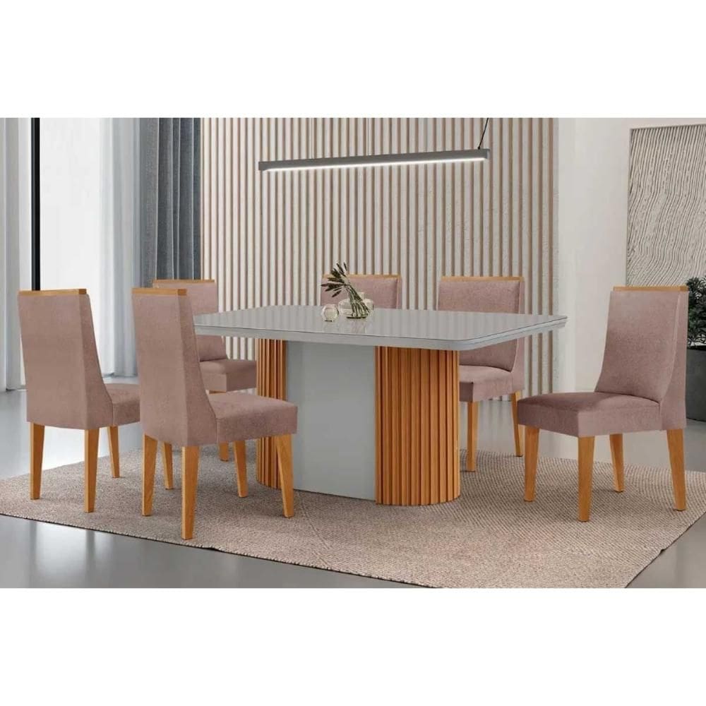 Conjunto Sala de Jantar Pilar c/ Tampo Madeirado c/ Vidro Canto Curvo 180x90cm e 6 Cadeiras Dakota Madeira Maciça Naturale/Off White - Capuccino/Linho