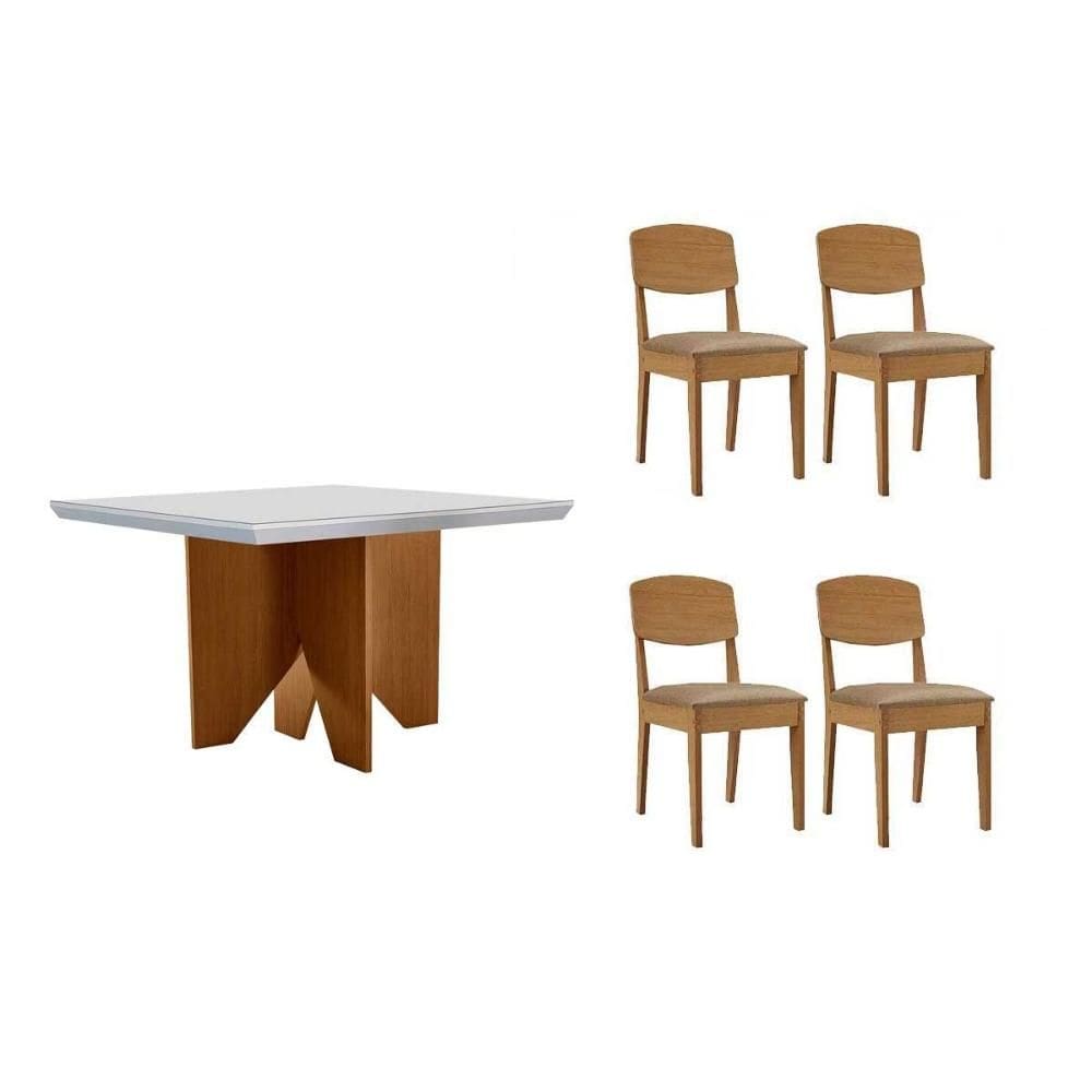Sala de Jantar Completa Nevada c/ Tampo Madeirado c/ Vidro Canto Curvo 90x90cm e 4 Cadeiras Havana Naturale/Off White - Corano Capuccino - Rufato