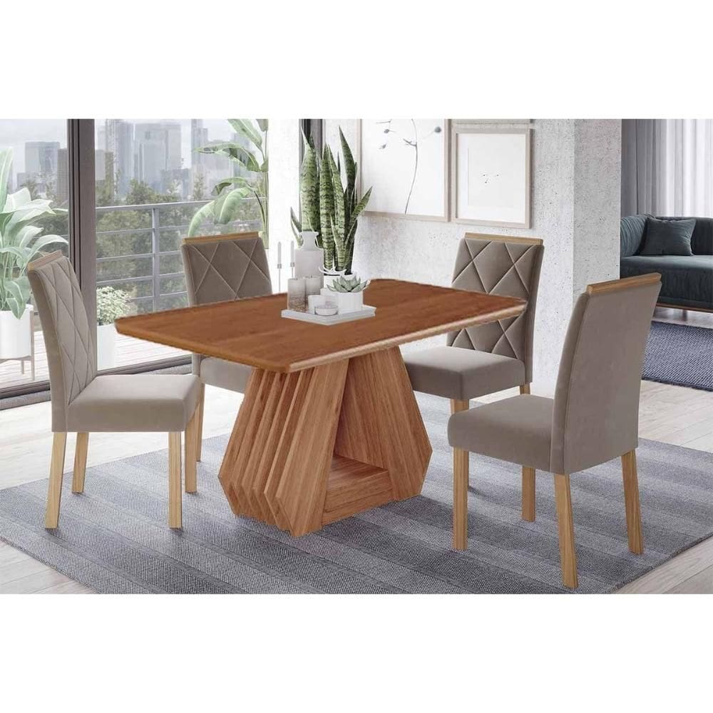 Sala de Jantar Completa Ágata Tampo Madeirado 130x80cm e 4 Cadeiras Fernanda Cinamomo - Carvalho/Suede Joli Capuccino - Cimol