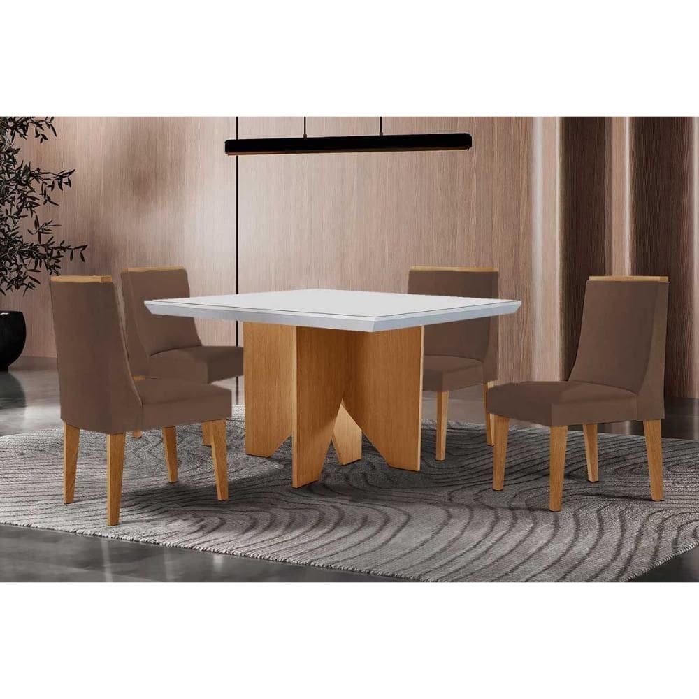 Sala de Jantar Completa Nevada c/ Tampo Madeirado c/ Vidro Canto Curvo 90x90cm e 4 Cadeiras Dakota Naturale/Off White - Suede Marrom - Rufato