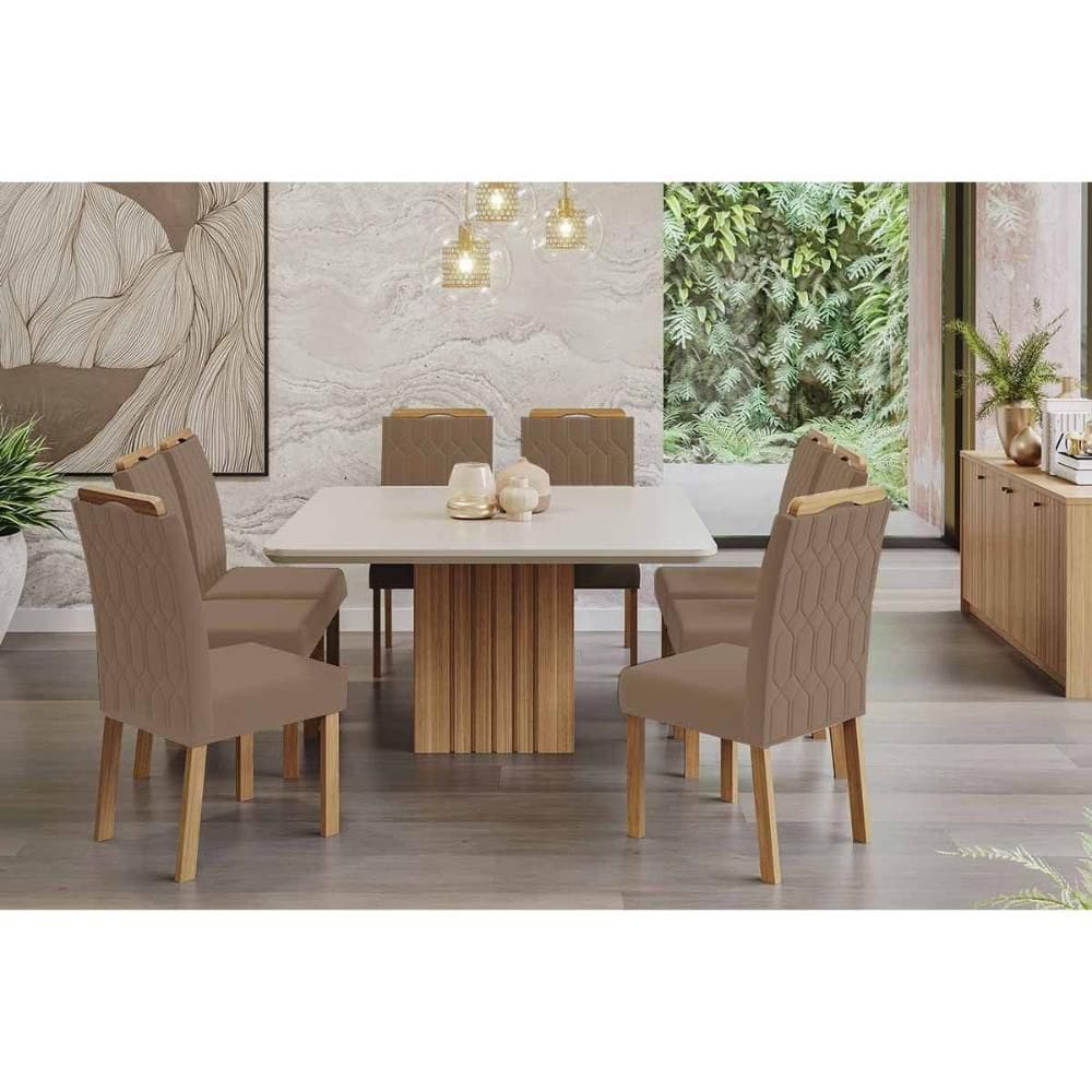 Sala de Jantar Completa Ana Tampo Madeirado c/ Vidro 130x130cm e 8 Cadeiras Paola Cinamomo/Off White - Carvalho/Linho Bege - Cimol
