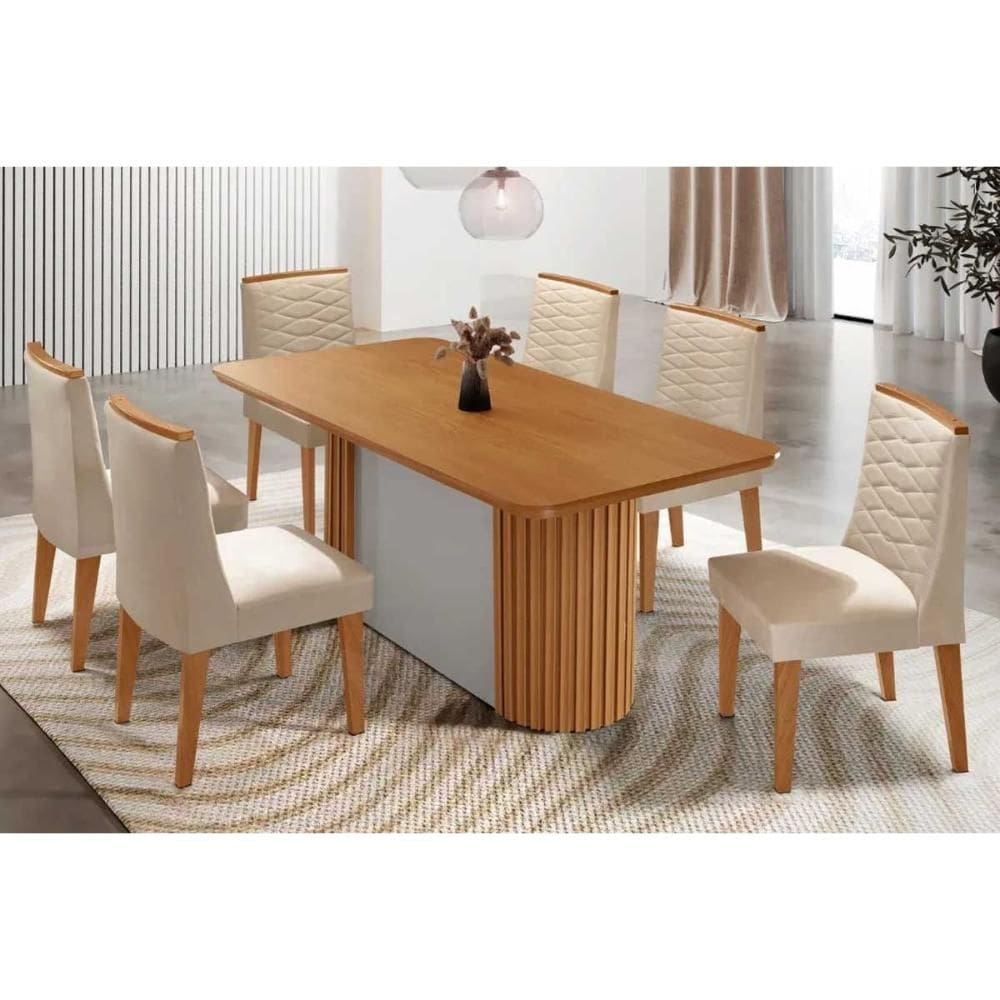 Sala de Jantar Completa Pilar c/ Tampo Madeirado Canto Curvo 180x90cm e 6 Cadeiras Maldivas Naturale/Off White - Suede Creme - Rufato
