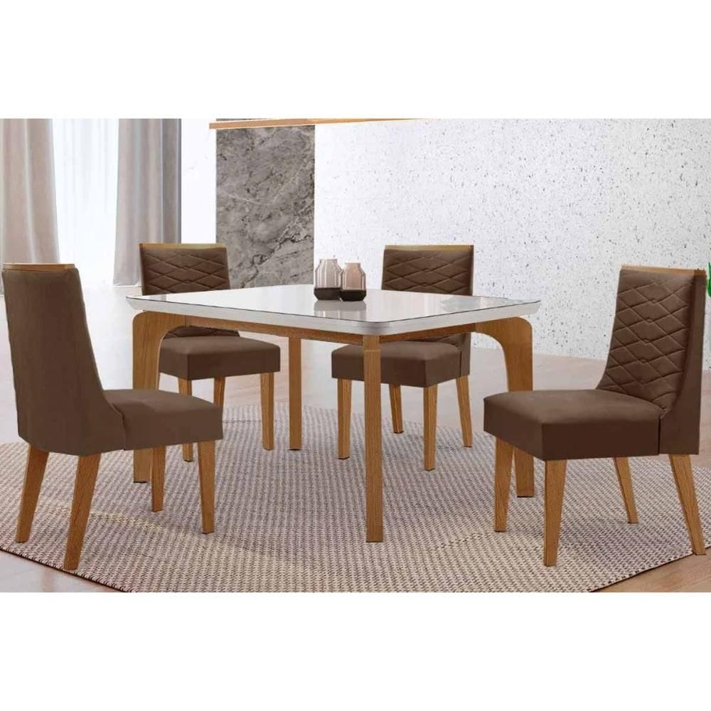 Sala de Jantar Completa Londrina c/ Tampo Madeirado c/ Vidro Canto Curvo 120x80cm 4 Cadeiras Maldivas Naturale/Off White - Suede Marrom - Rufato