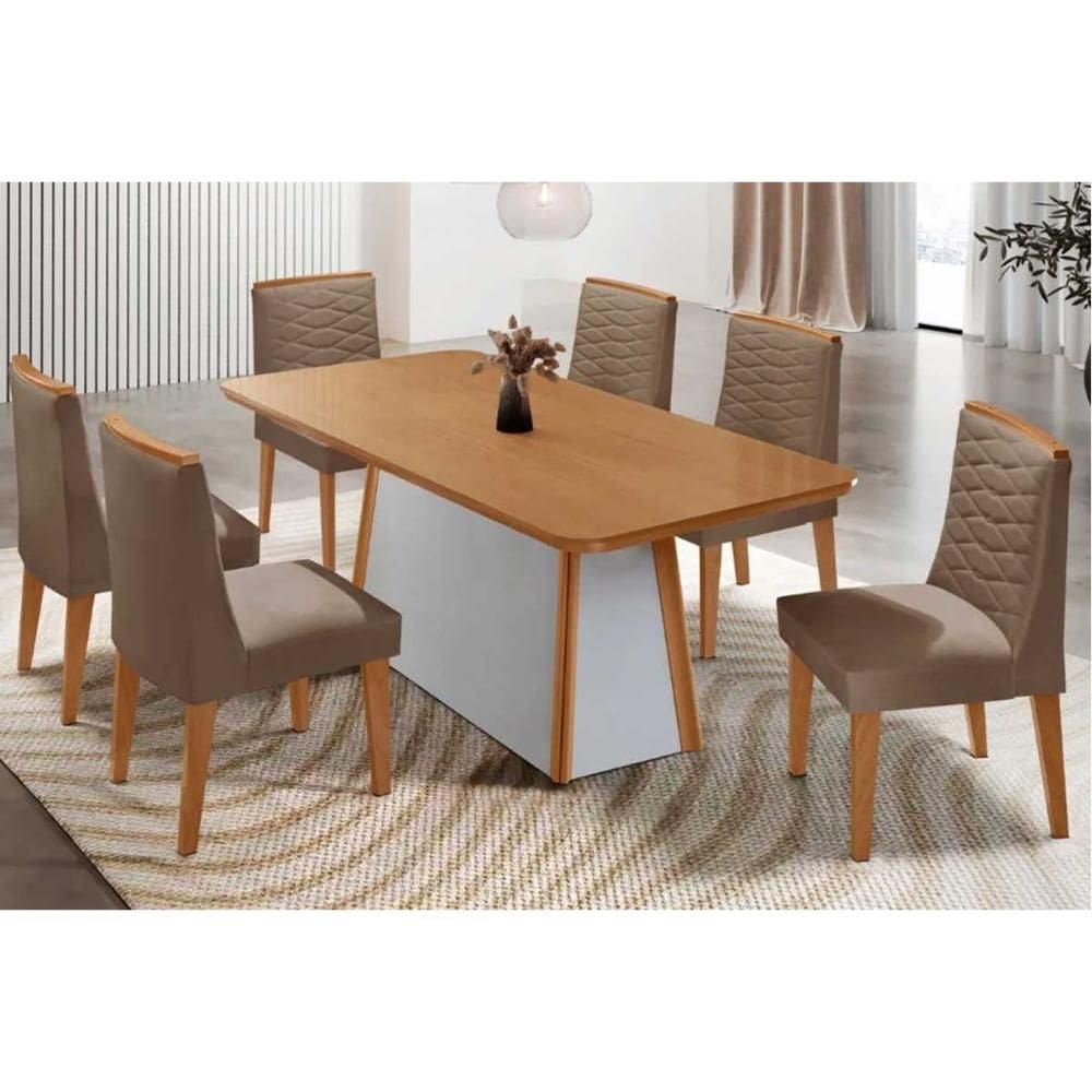 Sala de Jantar Completa Tilia c/ Tampo Madeirado Canto Curvo 180x90cm e 6 Cadeiras Maldivas Naturale/Off White - Suede Capuccino - Rufato