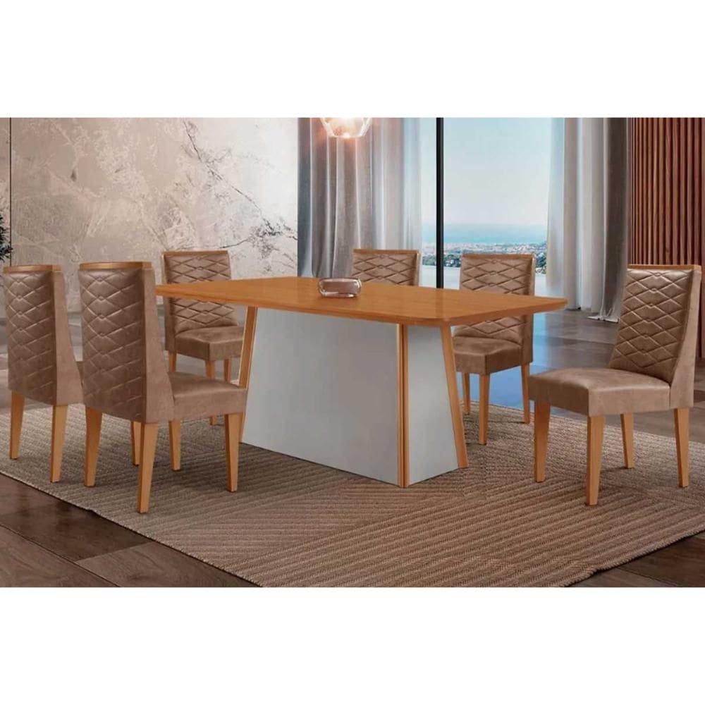 Sala de Jantar Completa Tilia c/ Tampo Madeirado Canto Curvo 180x90cm e 6 Cadeiras Dafne Naturale/Off White - Suede Capuccino - Rufato