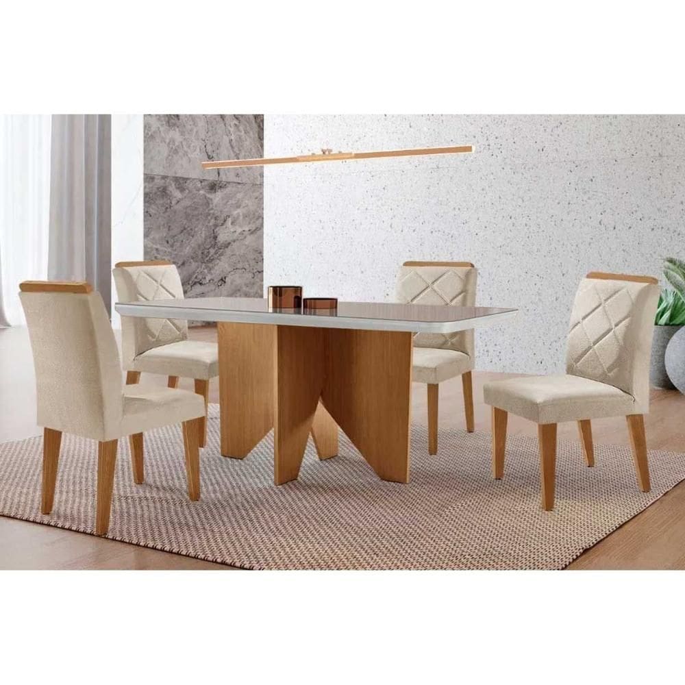 Sala de Jantar Completa Nevada c/ Tampo Madeirado c/ Vidro Canto Curvo 120x80cm e 4 Cadeiras Pietá Naturale/Off White - Suede Creme - Rufato
