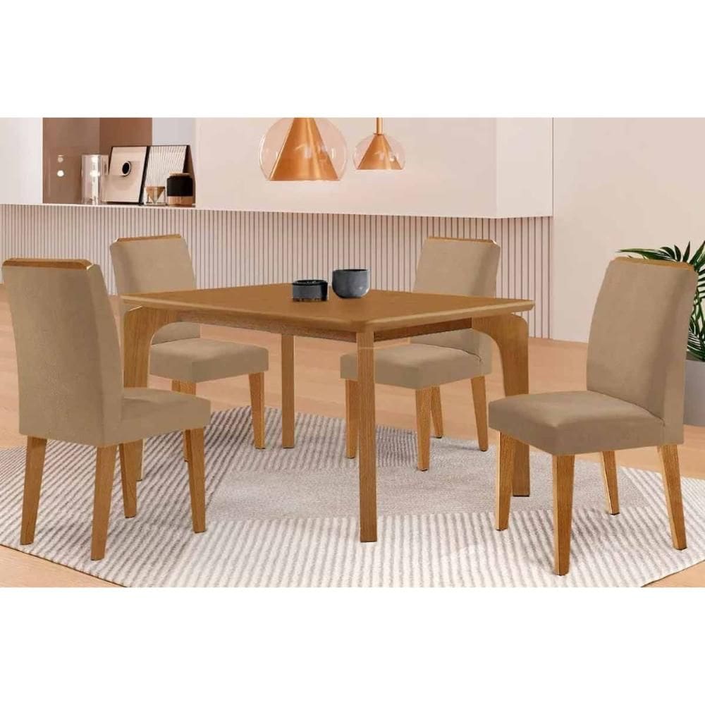 Sala de Jantar Completa Londrina c/ Tampo Madeirado c/ Vidro Canto Curvo 120x80cm 4 Cadeiras Dakota Naturale/Off White - Corano Capuccino - Rufato