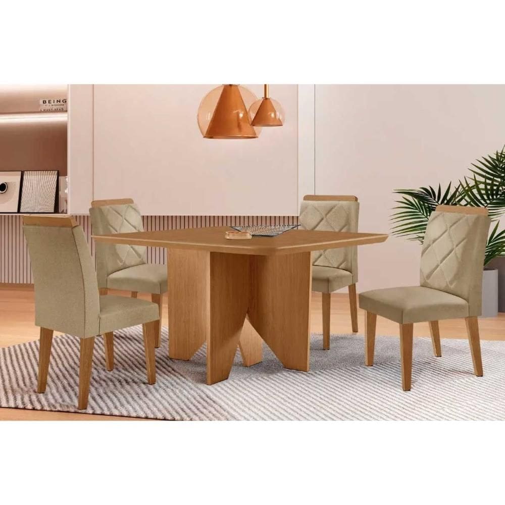 Sala de Jantar Completa Nevada c/ Tampo Madeirado Canto Curvo 90x90cm e 4 Cadeiras Pietá Naturale - Linho Bege - Rufato