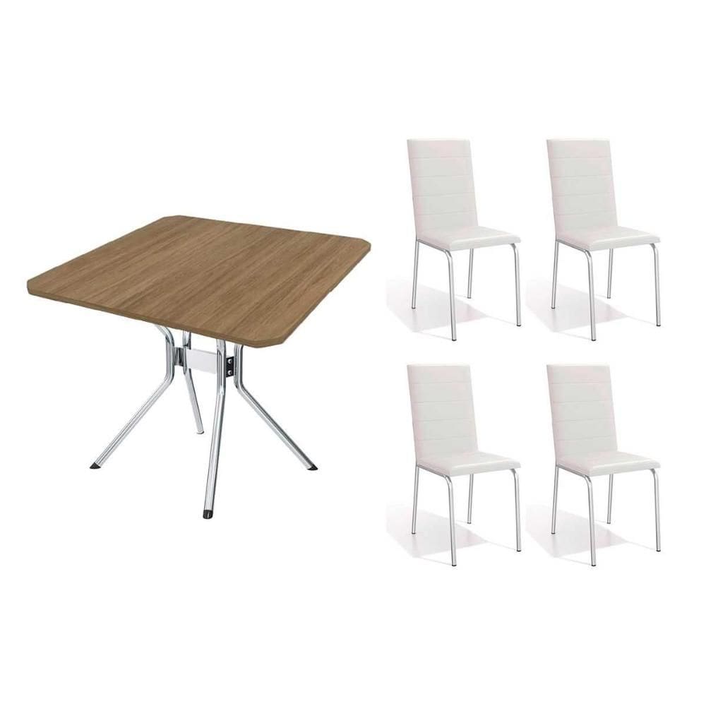 Sala de Jantar Completa Loire c/ Tampo de Madeira 90cm + 4 Cadeiras Amsterdã Cromada/Branco 106 - Kappesberg