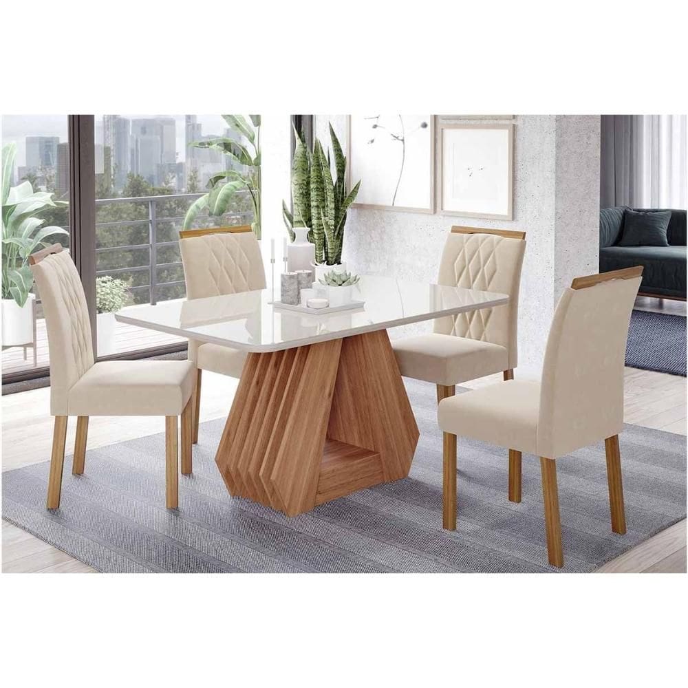 Sala de Jantar Completa Ágata Tampo Madeirado c/ Vidro 130x80cm e 4 Cadeiras Juliana Cinamomo/Off White - Carvalho/Suede Nude Bege - Cimol