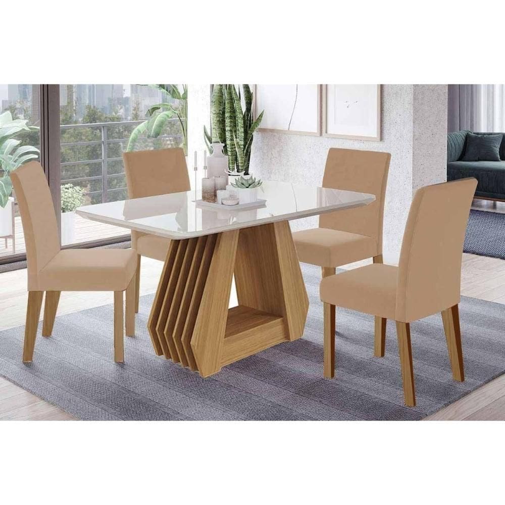 Sala de Jantar Completa Ágata Tampo Madeirado c/ Vidro 180x90cm e 6 Cadeiras Maia Nature/Off White - Cinamomo/Suede Gengibre Bege - Cimol