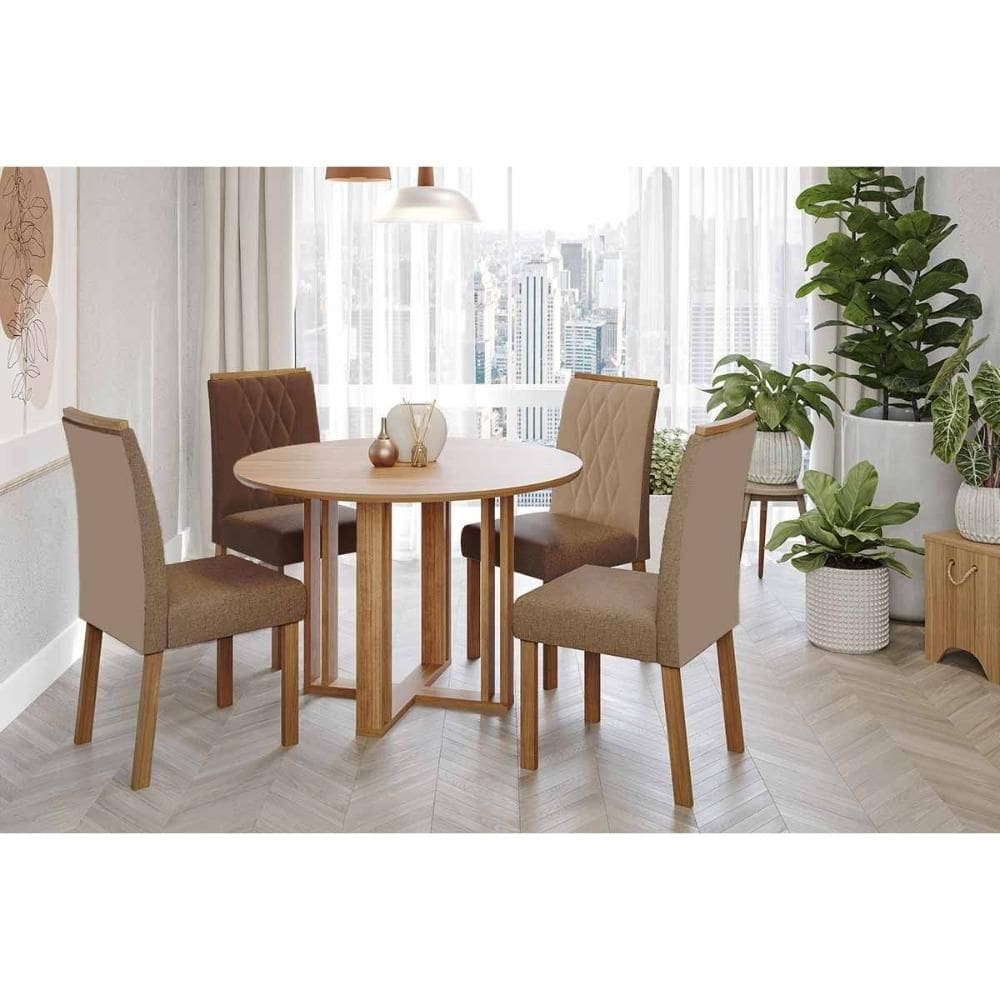 Sala de Jantar Completa Flora Tampo Madeirado 109cm e 4 Cadeiras Juliana Cinamomo - Carvalho/Suede Joli Capuccino - Cimol