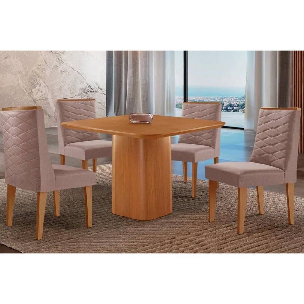 Sala de Jantar Completa Maldivas c/ Tampo Madeirado Canto Curvo 90x90cm e 4 Cadeiras Dafne Naturale - Linho Capuccino - Rufato