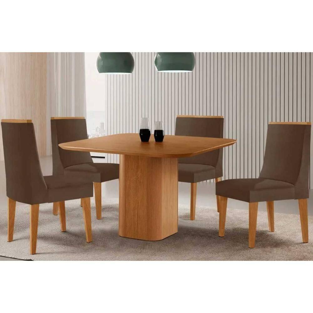 Sala de Jantar Completa Maldivas c/ Tampo Madeirado Canto Curvo 90x90cm e 4 Cadeiras Dakota Naturale - Suede Marrom - Rufato