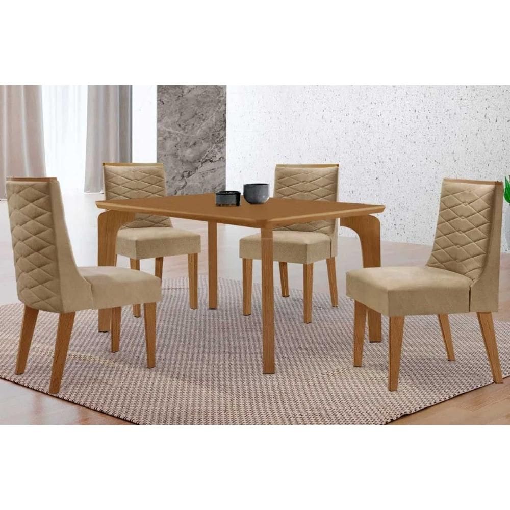 Sala de Jantar Completa Londrina c/ Tampo Madeirado Canto Curvo 120x80cm e 4 Cadeiras Dafne Naturale - Linho Bege - Rufato