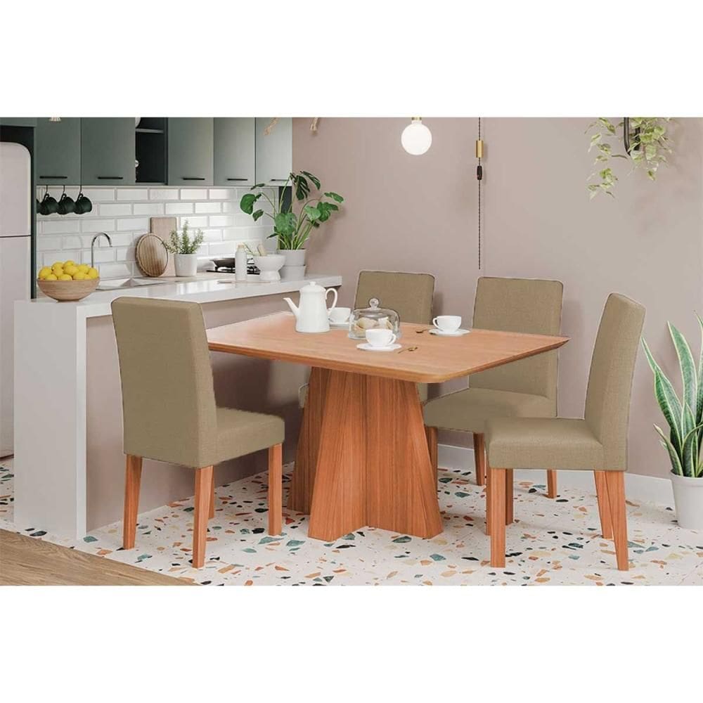 Sala de Jantar Completa Maitê Tampo Madeirado 130x80cm e 4 Cadeiras Maia Cinamomo - Cinamomo/Suede Gengibre Bege - Cimol