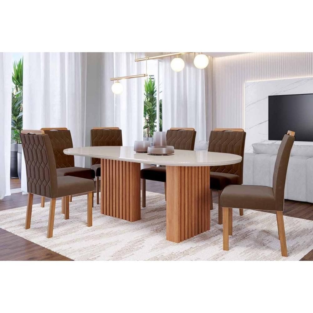 Sala de Jantar Completa Ester Tampo Madeirado Oval c/ Vidro 210x100cm e 6 Cadeiras Paola Cinamomo/Off White - Carvalho/Suede Joli Capuccino - Cimol