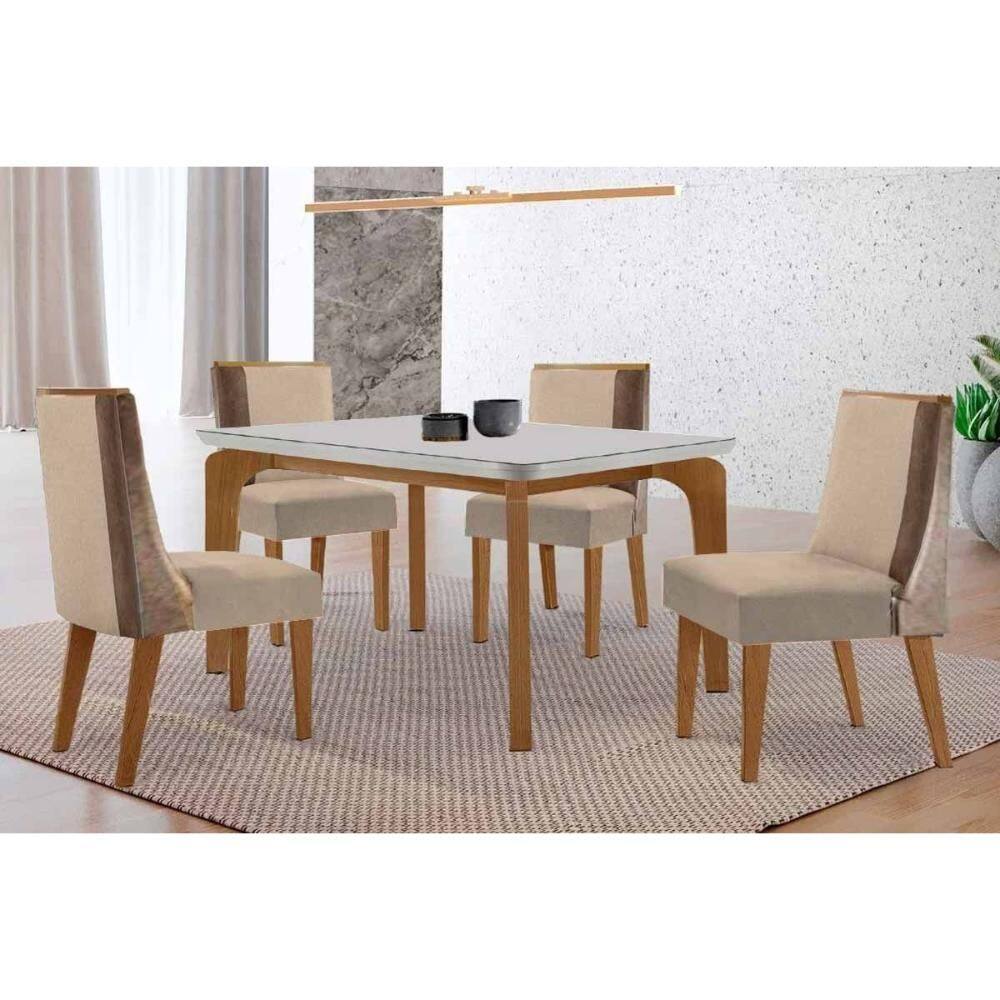 Sala de Jantar Completa Londrina c/ Tampo Madeirado c/ Vidro Canto Curvo 120x80cm 4 Cadeiras Tilia Naturale/Off White - Linho Bege - Rufato