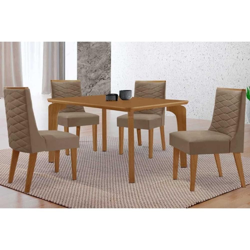 Sala de Jantar Completa Londrina c/ Tampo Madeirado Canto Curvo 120x80cm e 4 Cadeiras Dafne Naturale - Suede Capuccino - Rufato