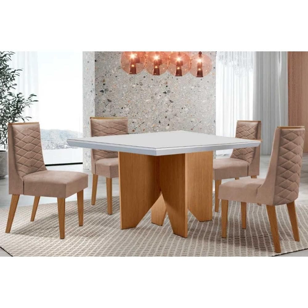 Sala de Jantar Completa Nevada c/ Tampo Madeirado c/ Vidro Canto Curvo 90x90cm e 4 Cadeiras Dafne Naturale/Off White - Linho Capuccino - Rufato