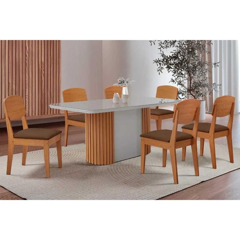 Sala de Jantar Completa Pilar c/ Tampo Madeirado c/ Vidro Canto Curvo 180x90cm e 6 Cadeiras Havana Naturale/Off White - Suede Marrom - Rufato