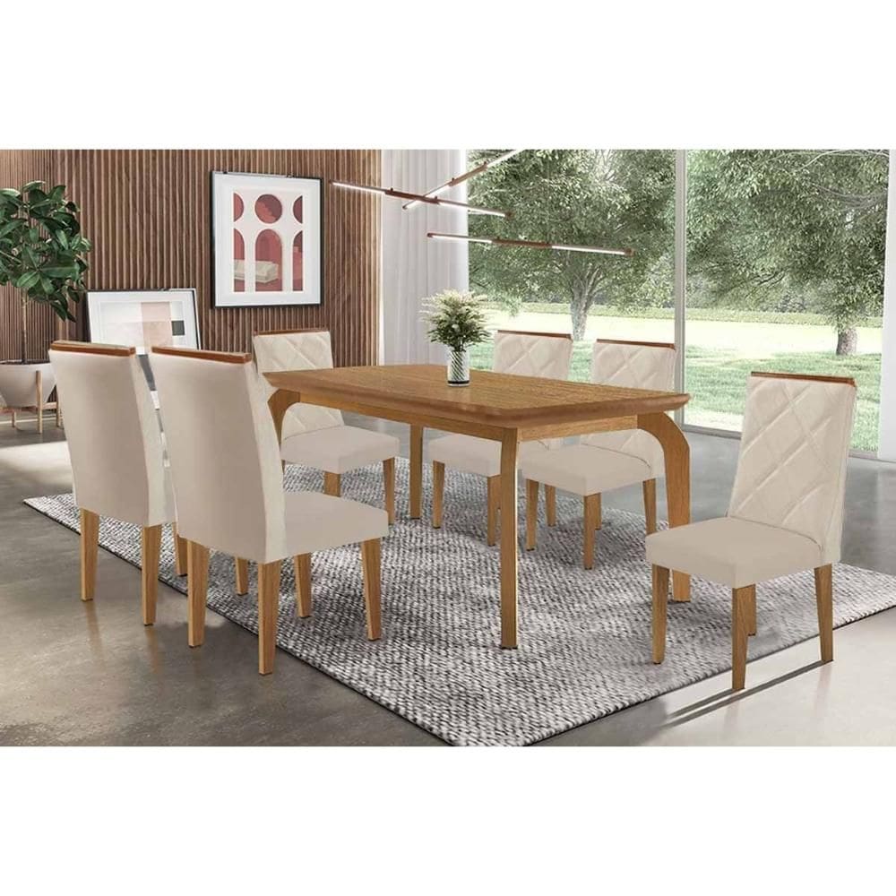 Sala de Jantar Completa Londrina c/ Tampo Madeirado Canto Curvo 180x90cm e 6 Cadeiras Pietá Naturale - Suede Creme - Rufato
