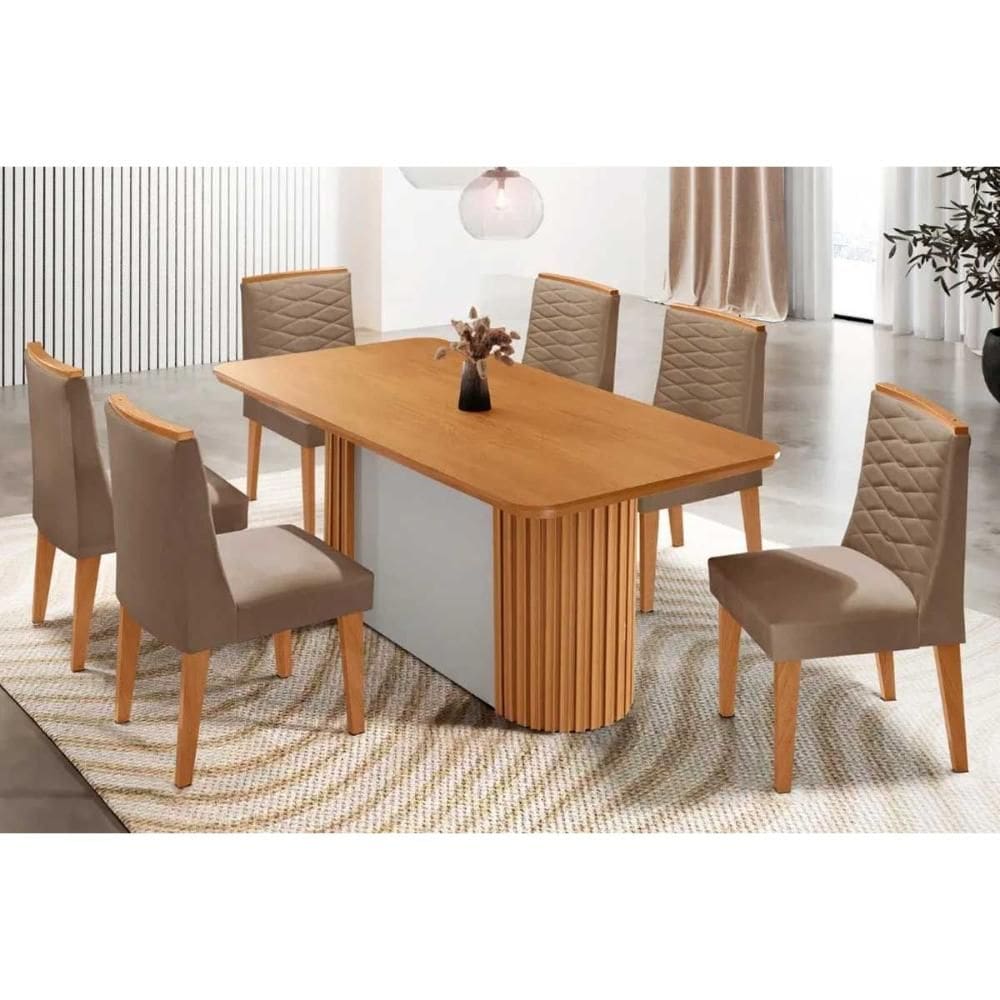 Sala de Jantar Completa Pilar c/ Tampo Madeirado Canto Curvo 180x90cm e 6 Cadeiras Maldivas Naturale/Off White - Suede Capuccino - Rufato