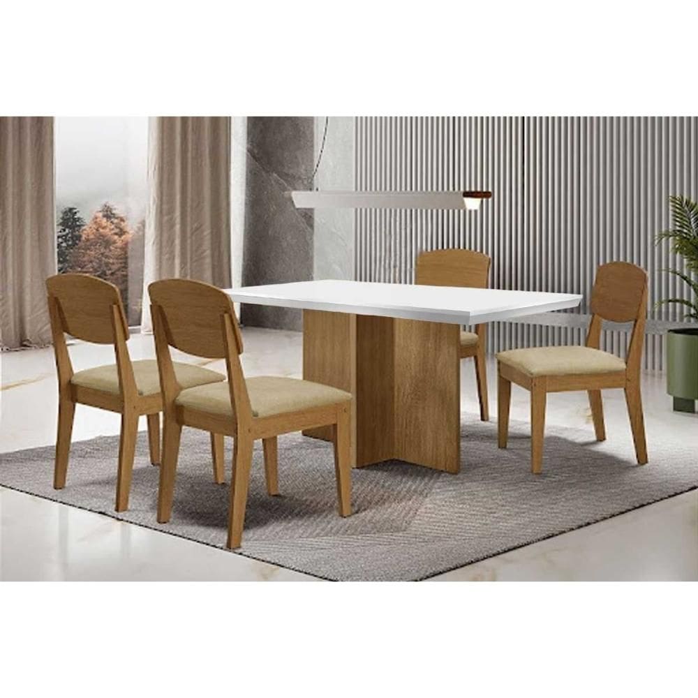 Sala de Jantar Completa Berlim c/ Tampo Madeirado c/ Vidro Canto Curvo 120x80cm e 4 Cadeiras Havana Naturale/Off White - Suede Creme - Rufato