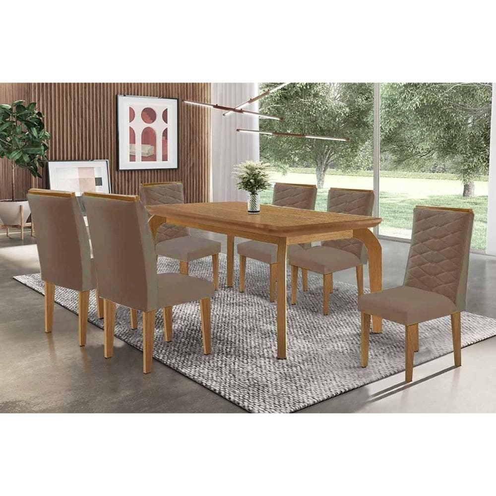 Sala de Jantar Completa Londrina c/ Tampo Madeirado Canto Curvo 180x90cm e 6 Cadeiras Maldivas Naturale - Corano Capuccino - Rufato
