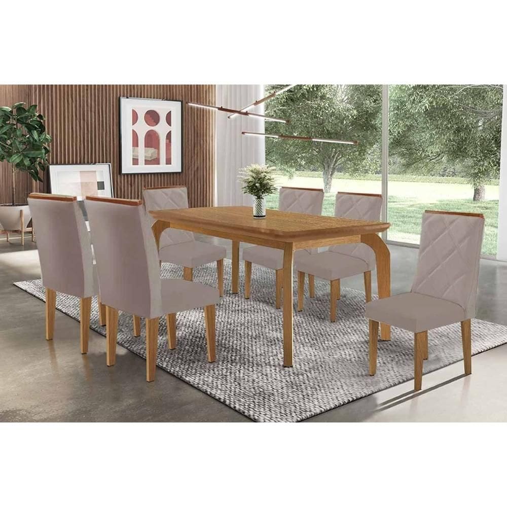 Sala de Jantar Completa Londrina c/ Tampo Madeirado Canto Curvo 180x90cm e 6 Cadeiras Pietá Naturale - Linho Capuccino - Rufato