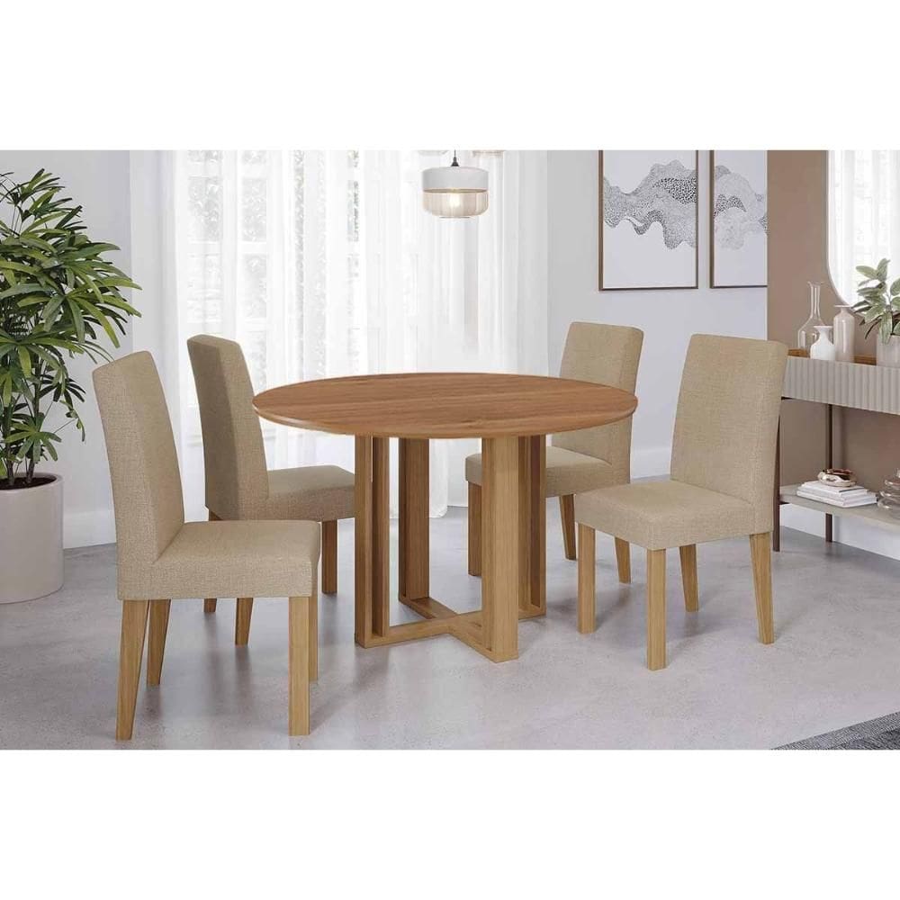 Sala de Jantar Completa Flora Tampo Madeirado 109cm e 4 Cadeiras Maia Cinamomo - Cinamomo/Suede Gengibre Bege - Cimol