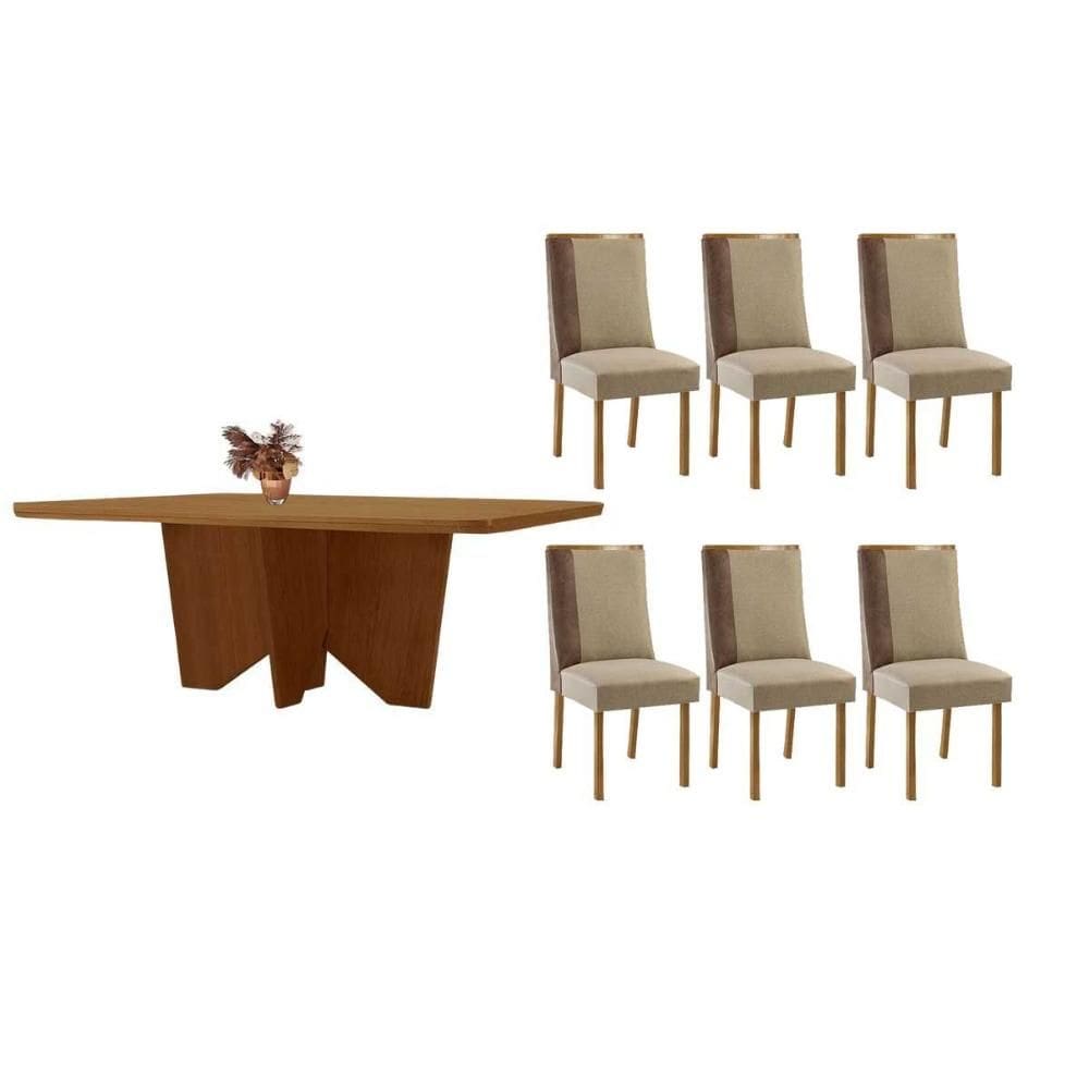 Sala de Jantar Completa Nevada c/ Tampo Madeirado Canto Curvo 180x90cm e 6 Cadeiras Tilia Naturale - Suede Creme - Rufato
