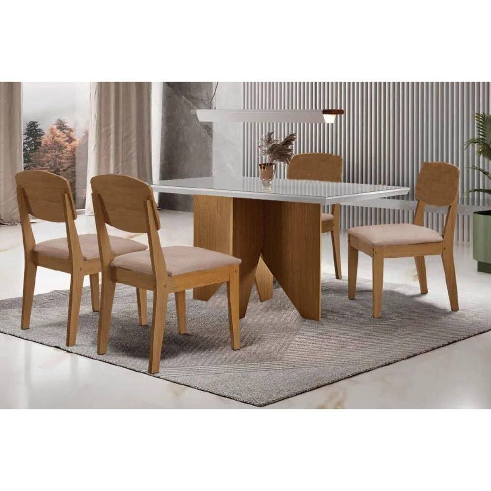 Sala de Jantar Completa Nevada c/ Tampo Madeirado c/ Vidro Canto Curvo 120x80cm e 4 Cadeiras Havana Naturale/Off White - Linho Capuccino - Rufato