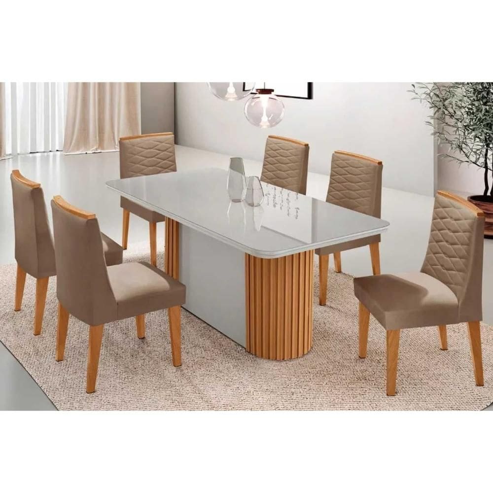 Conjunto Sala de Jantar Pilar c/ Tampo Madeirado c/ Vidro Canto Curvo 180x90cm e 6 Cadeiras Maldivas Madeira Maciça Naturale/Off White - Capuccino/Sue