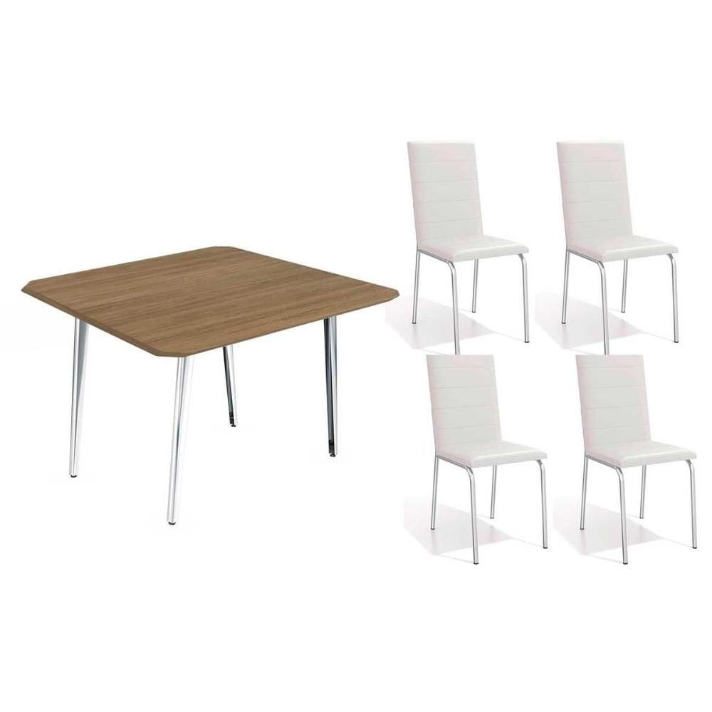Sala de Jantar Completa Iguaçu c/ Tampo de Madeira 90cm + 4 Cadeiras Amsterdã Cromada/Branco 106 - Kappesberg