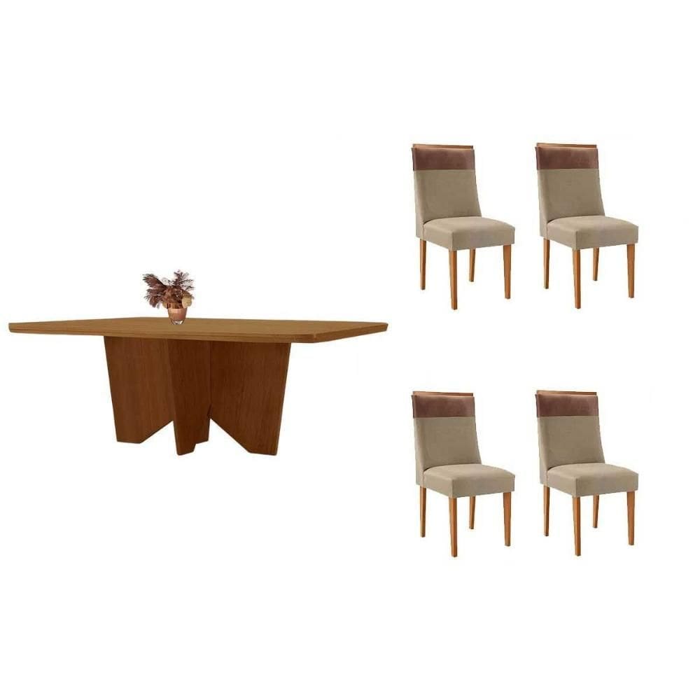Sala de Jantar Completa Nevada c/ Tampo Madeirado Canto Curvo 120x80cm e 4 Cadeiras Jaspe Naturale - Linho Bege - Rufato