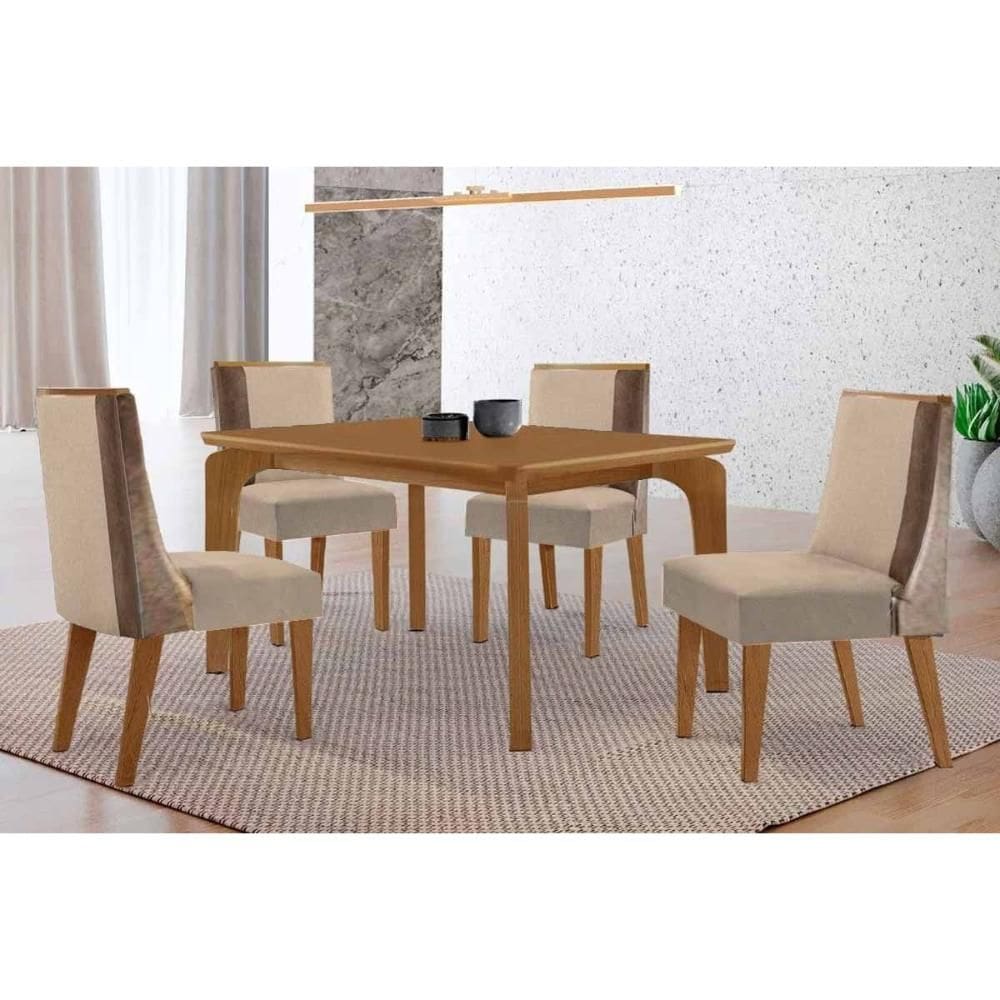 Sala de Jantar Completa Londrina c/ Tampo Madeirado Canto Curvo 120x80cm e 4 Cadeiras Tilia Naturale - Linho Capuccino - Rufato