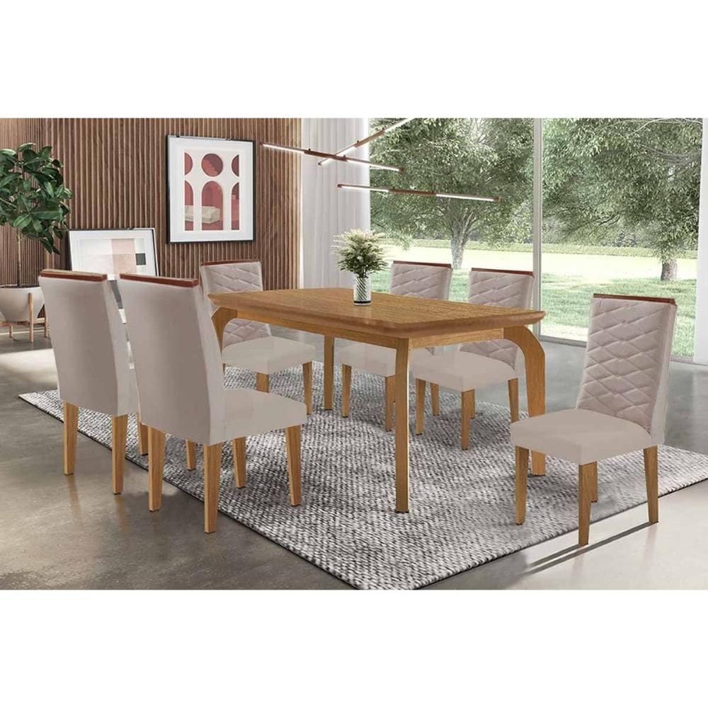 Sala de Jantar Completa Londrina c/ Tampo Madeirado Canto Curvo 180x90cm e 6 Cadeiras Maldivas Naturale - Suede Capuccino - Rufato