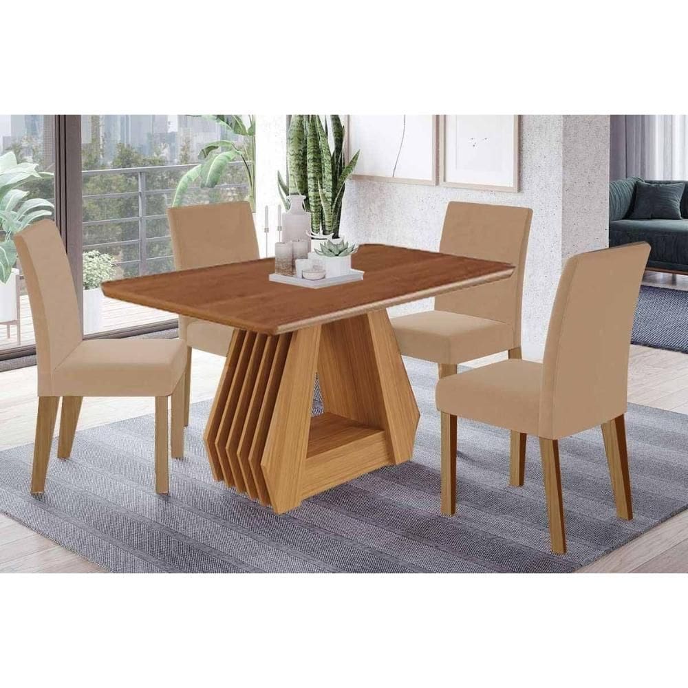 Sala de Jantar Completa Ágata Tampo Madeirado 130x80cm e 4 Cadeiras Maia Cinamomo - Nature/Suede Gengibre Bege - Cimol