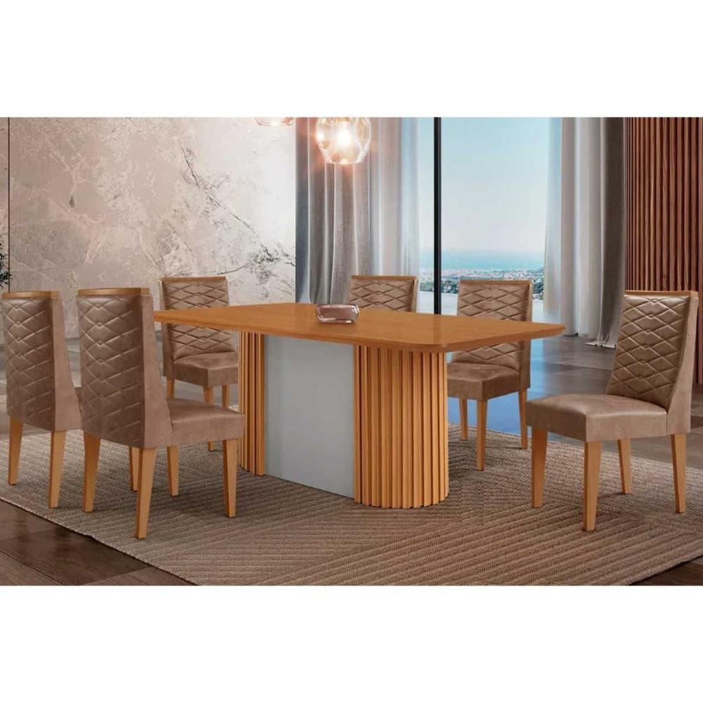 Sala de Jantar Completa Pilar c/ Tampo Madeirado Canto Curvo 180x90cm e 6 Cadeiras Dafne Naturale/Off White - Corano Capuccino - Rufato