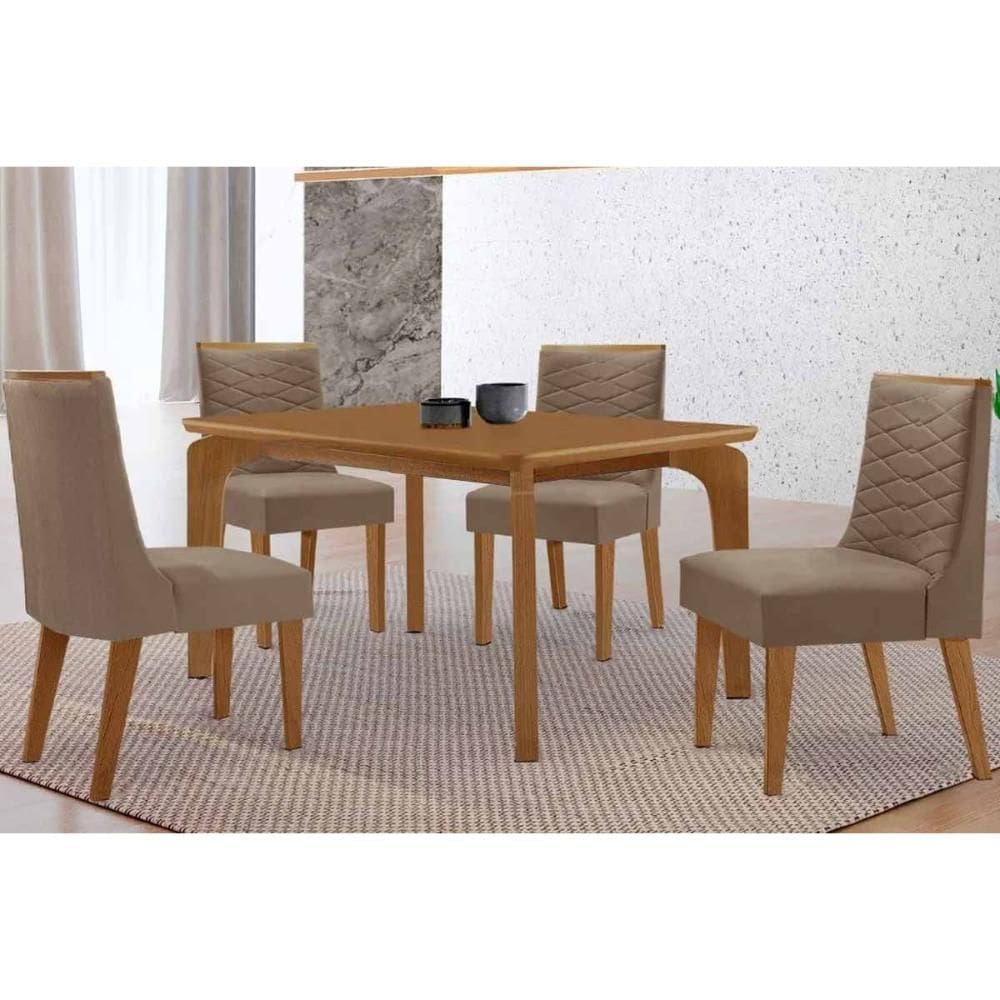 Sala de Jantar Completa Londrina c/ Tampo Madeirado Canto Curvo 120x80cm e 4 Cadeiras Maldivas Naturale - Suede Capuccino - Rufato