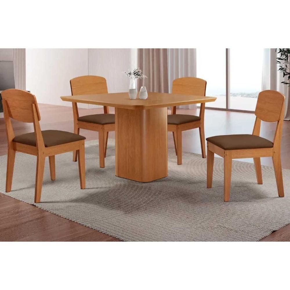 Sala de Jantar Completa Maldivas c/ Tampo Madeirado Canto Curvo 90x90cm e 4 Cadeiras Havana Naturale - Suede Marrom - Rufato