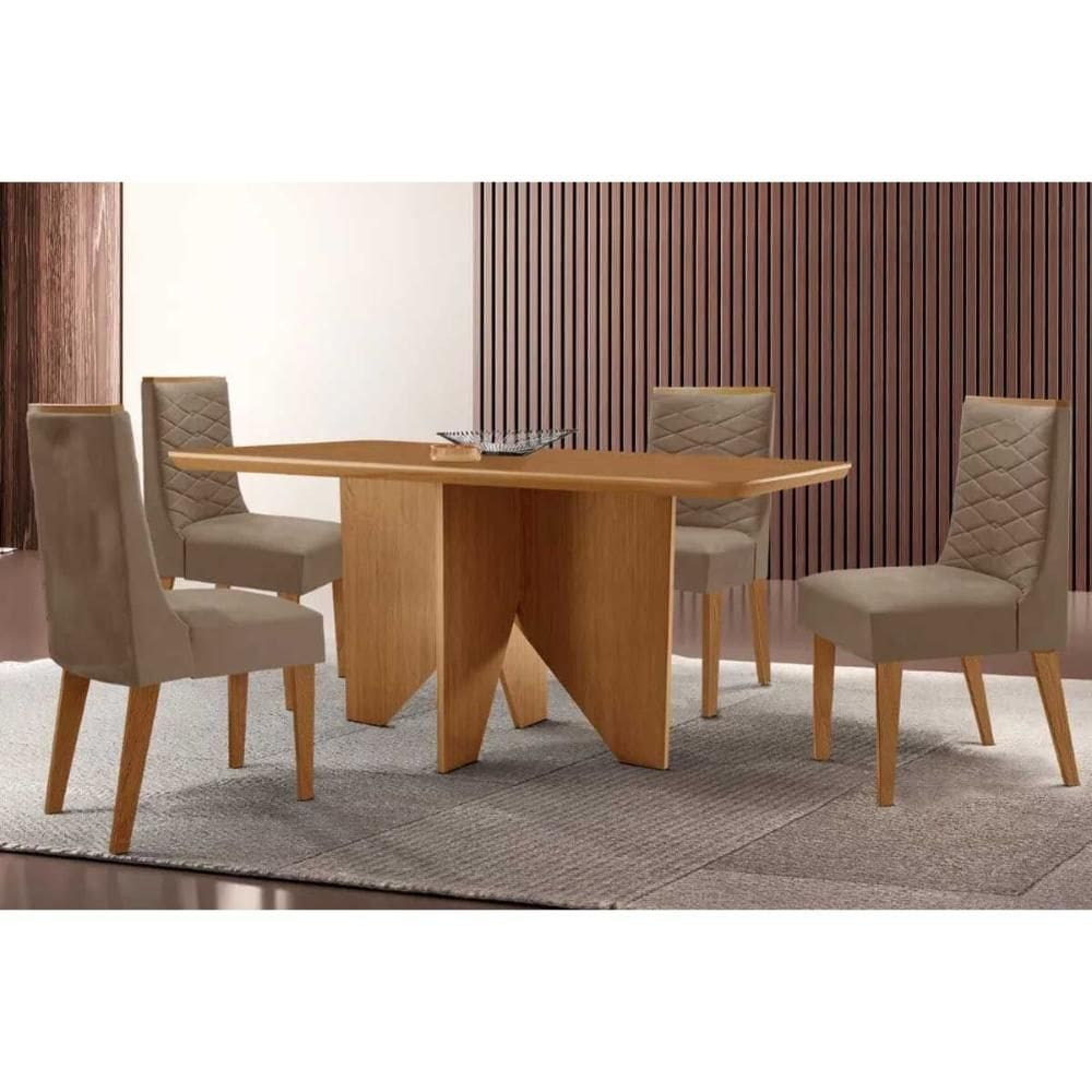 Sala de Jantar Completa Nevada c/ Tampo Madeirado Canto Curvo 120x80cm e 4 Cadeiras Maldivas Naturale - Suede Capuccino - Rufato