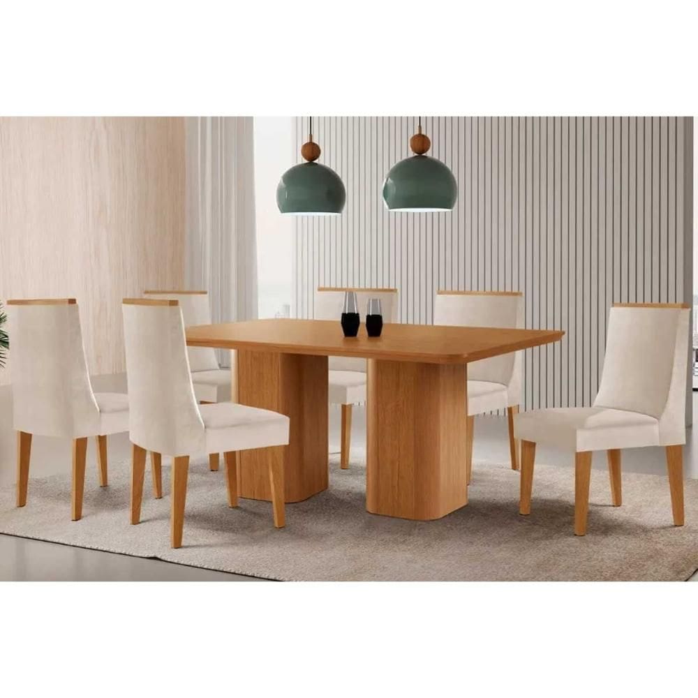 Sala de Jantar Completa Maldivas c/ Tampo Madeirado Canto Curvo 180x90cm e 6 Cadeiras Dakota Naturale - Suede Creme - Rufato