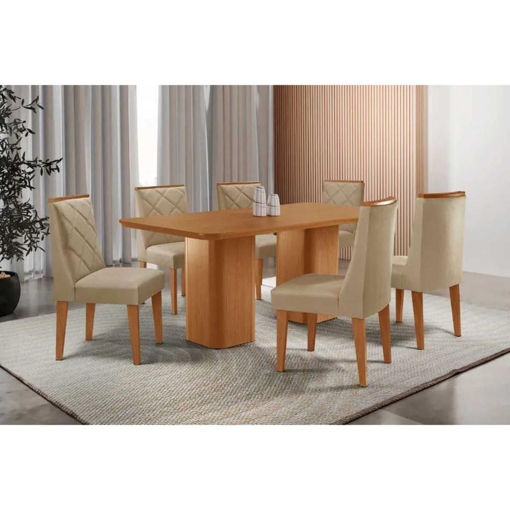 Sala de Jantar Completa Maldivas c/ Tampo Madeirado Canto Curvo 180x90cm e 6 Cadeiras Pietá Naturale - Linho Bege - Rufato