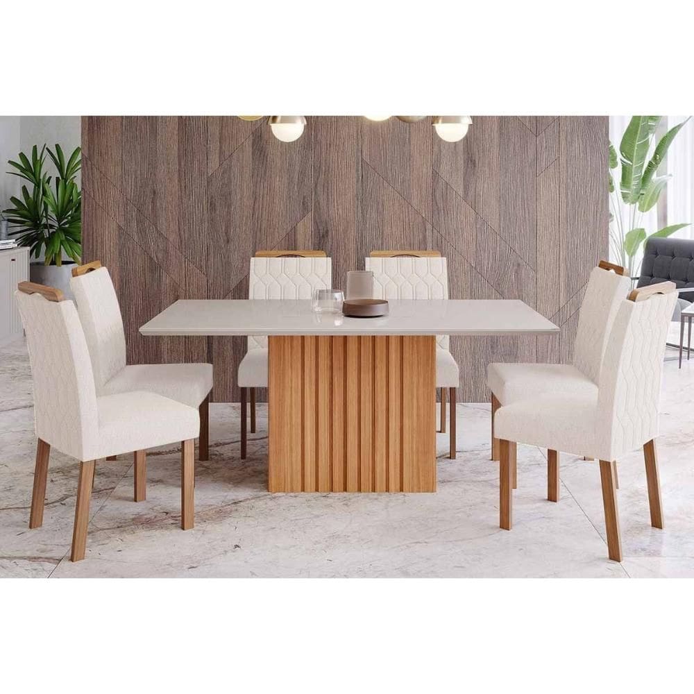 Sala de Jantar Completa Ana Tampo Madeirado c/ Vidro 180x90cm e 6 Cadeiras Paola Cinamomo/Off White - Carvalho/Suede Nude Bege - Cimol