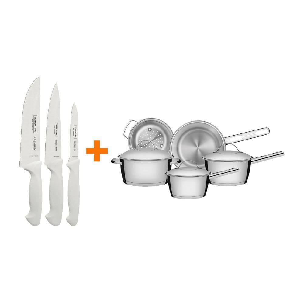 Faqueiro Premium 3 Pc + 1 Jogo Panelas Inox 5 Pc Tramontina