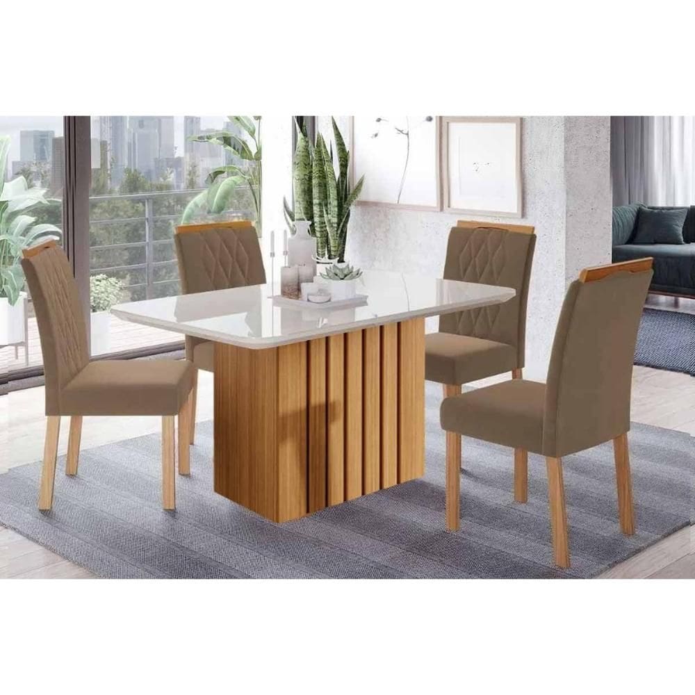 Sala de Jantar Completa Ana Tampo Madeirado c/ Vidro 130x80cm e 4 Cadeiras Juliana Nature/Off White - Carvalho/Suede Joli Capuccino - Cimol