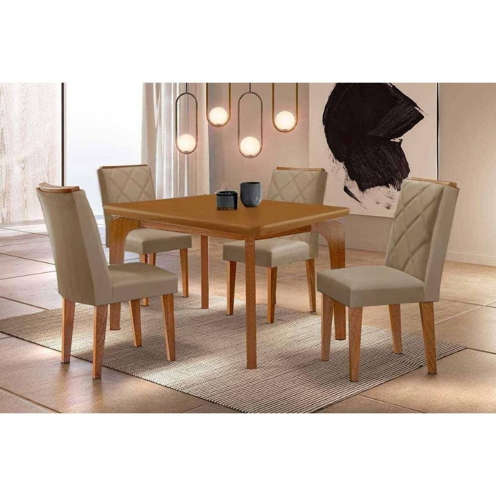 Sala de Jantar Completa Londrina c/ Tampo Madeirado Canto Curvo 120x80cm e 4 Cadeiras Pietá Naturale - Suede Creme - Rufato